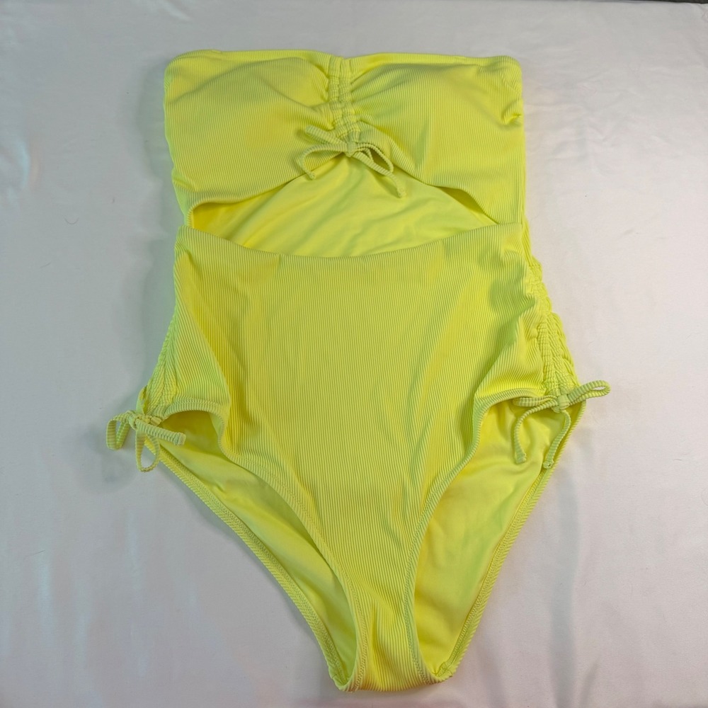 Aerie Neon Yellow Ribbed Cutout One Piece Swimsuit XL Strapless Bandeau